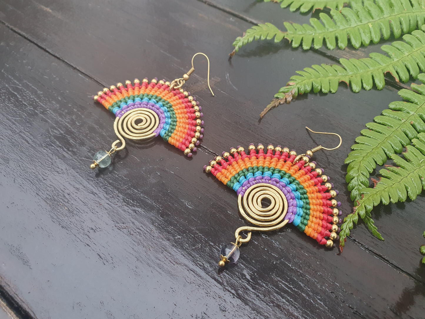 Rainbow earrings, PRIDE earrings, fluorite crystal earrings, THAI boho earrings, manifestation crystal, positivity crystal, brass spirals