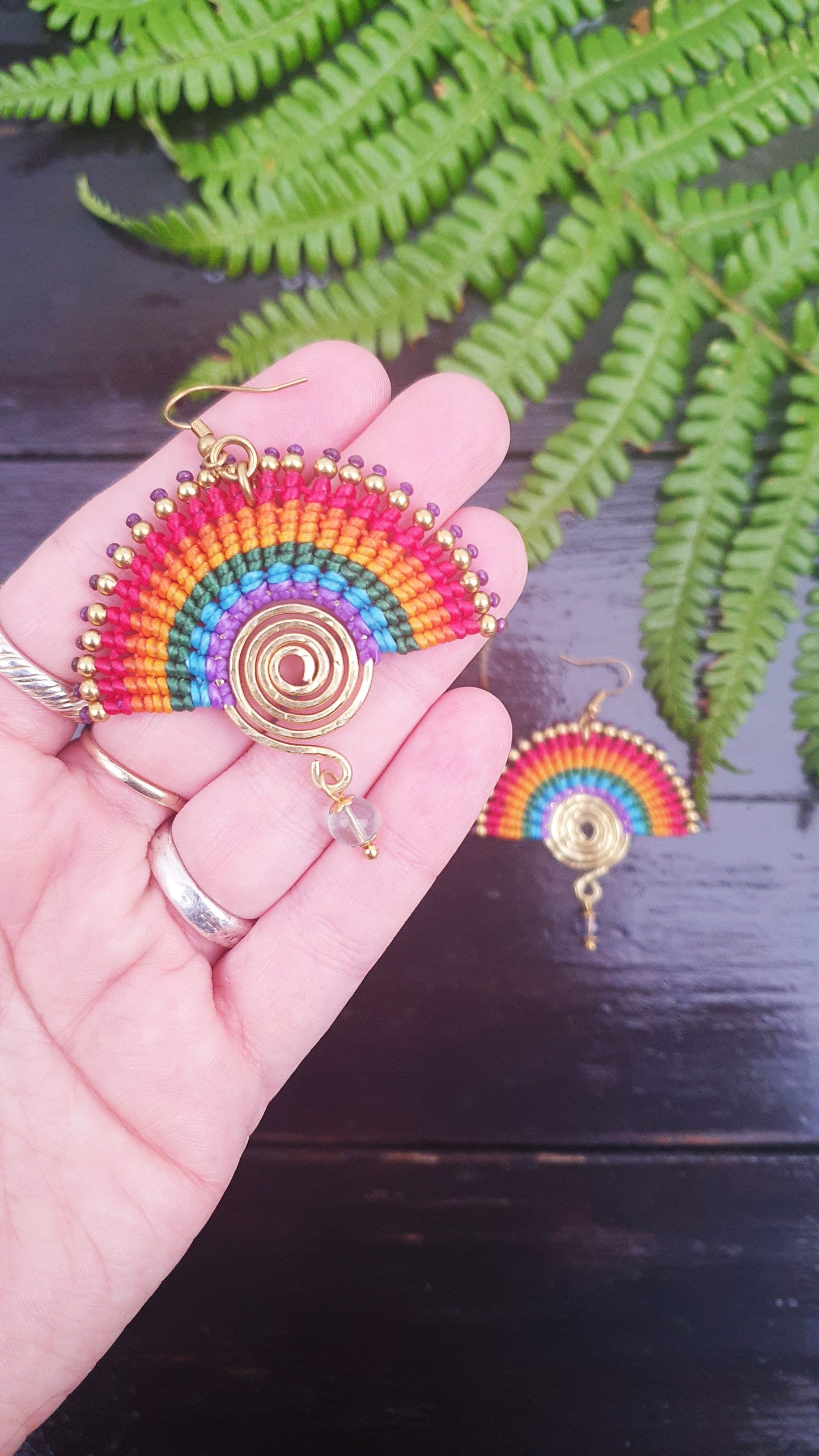 Rainbow earrings, PRIDE earrings, fluorite crystal earrings, THAI boho earrings, manifestation crystal, positivity crystal, brass spirals