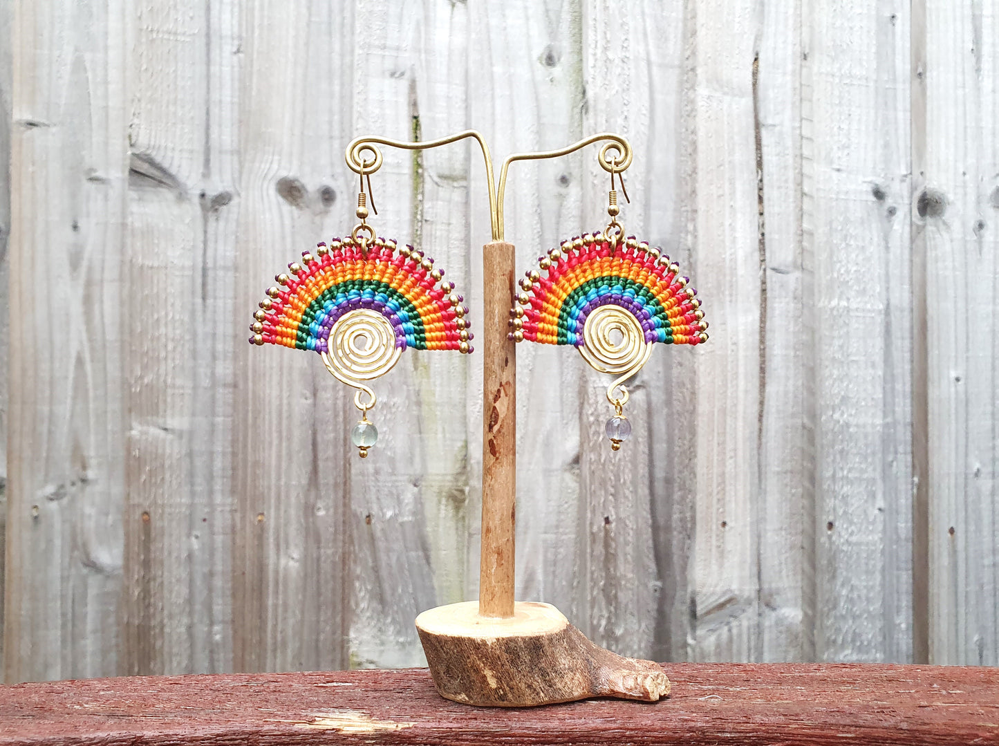 Rainbow earrings, PRIDE earrings, fluorite crystal earrings, THAI boho earrings, manifestation crystal, positivity crystal, brass spirals