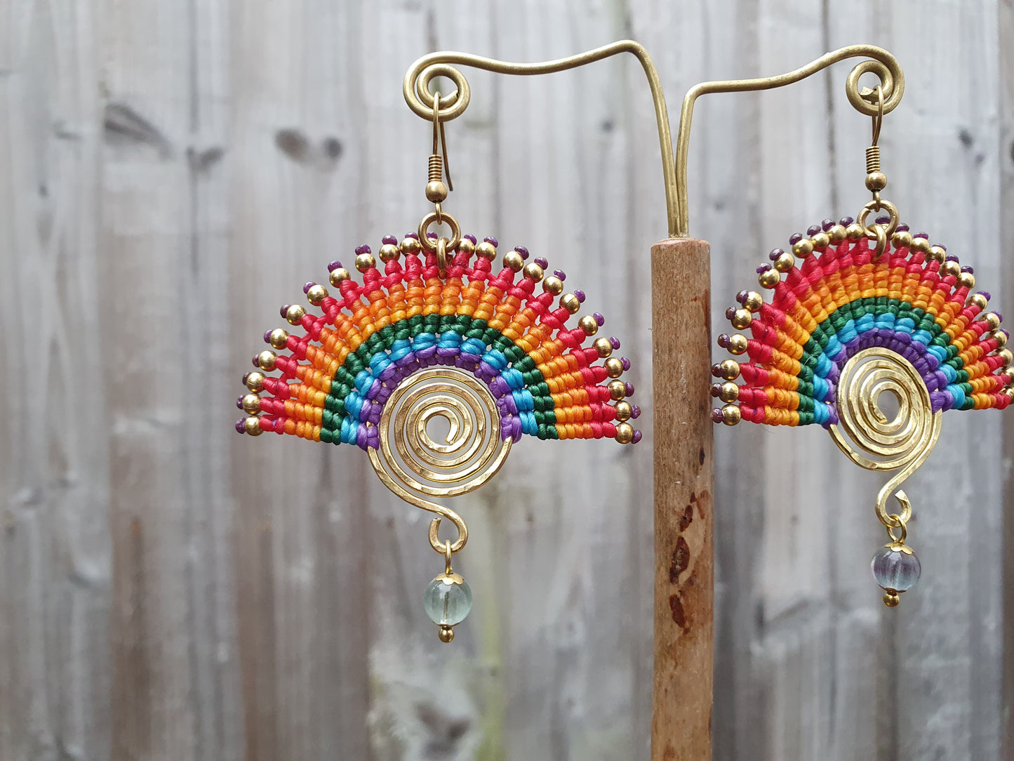 Rainbow earrings, PRIDE earrings, fluorite crystal earrings, THAI boho earrings, manifestation crystal, positivity crystal, brass spirals