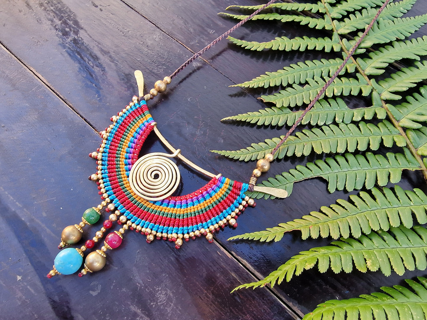 Magic spiral rainbow necklace, jade rubellite turquoise crystals, Thai macrame boho tribal colorful ethnic spiritual aztec necklace