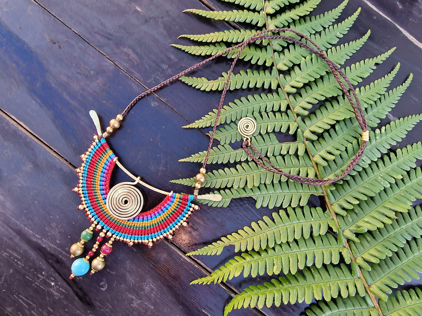 Magic spiral rainbow necklace, jade rubellite turquoise crystals, Thai macrame boho tribal colorful ethnic spiritual aztec necklace