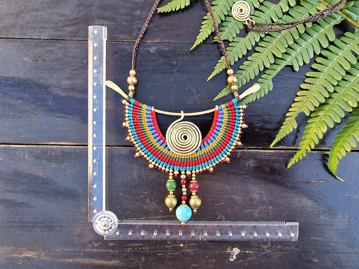 Magic spiral rainbow necklace, jade rubellite turquoise crystals, Thai macrame boho tribal colorful ethnic spiritual aztec necklace