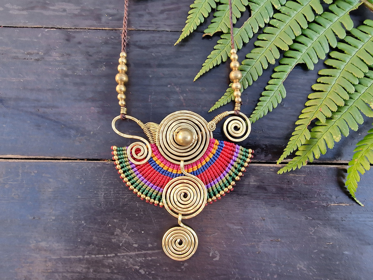 Sahara triple spiral necklace, maximalist jewellery, bright vibrant necklace, statement rainbow necklace, large macrame Thai necklace