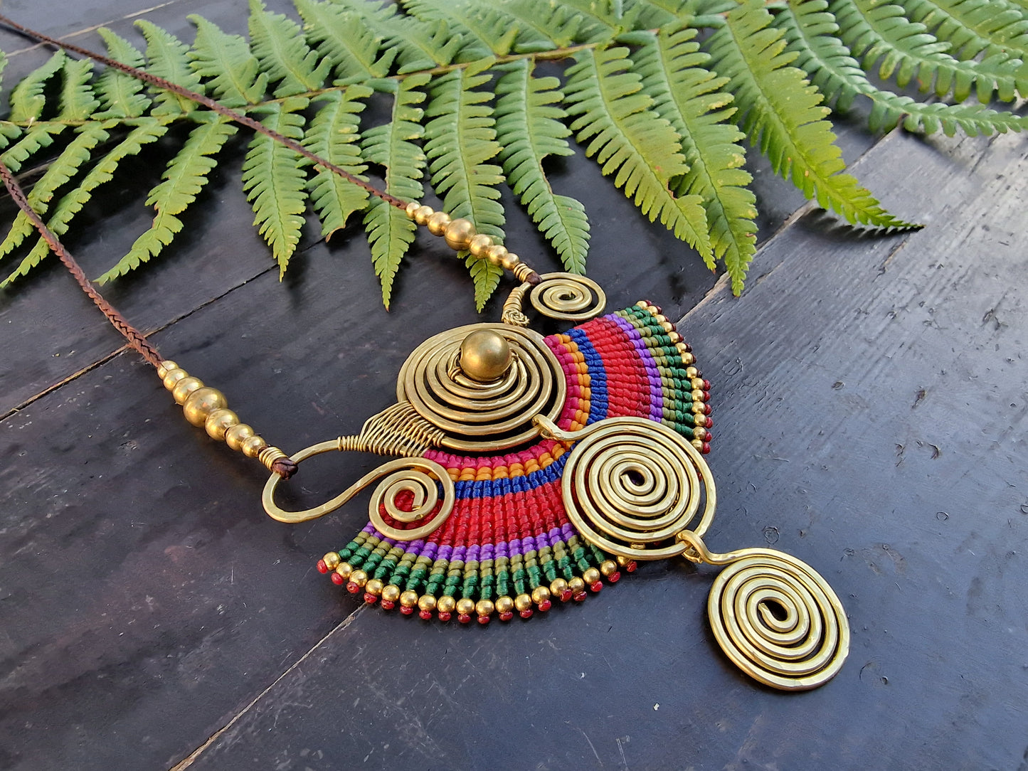 Sahara triple spiral necklace, maximalist jewellery, bright vibrant necklace, statement rainbow necklace, large macrame Thai necklace