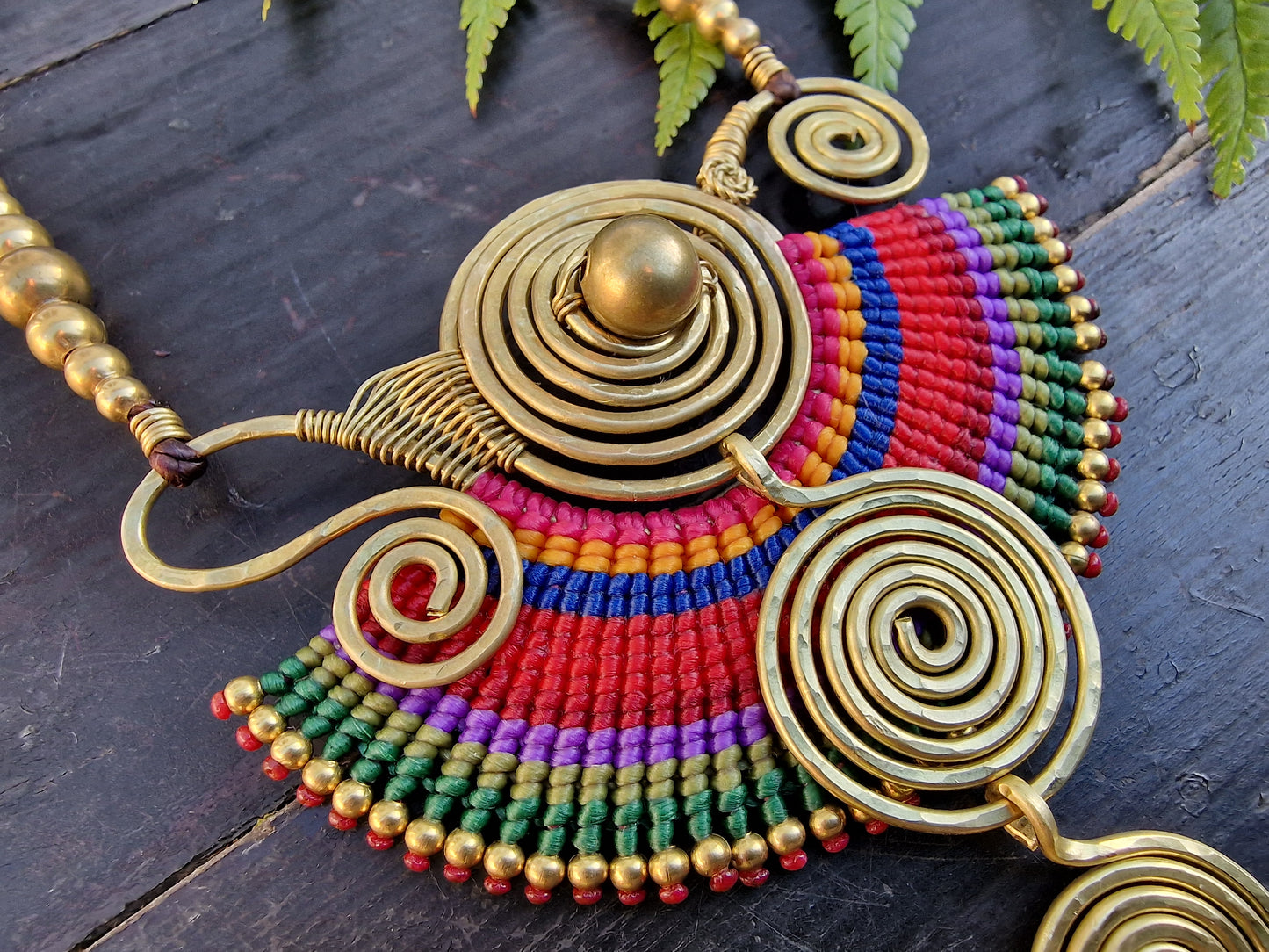 Sahara triple spiral necklace, maximalist jewellery, bright vibrant necklace, statement rainbow necklace, large macrame Thai necklace