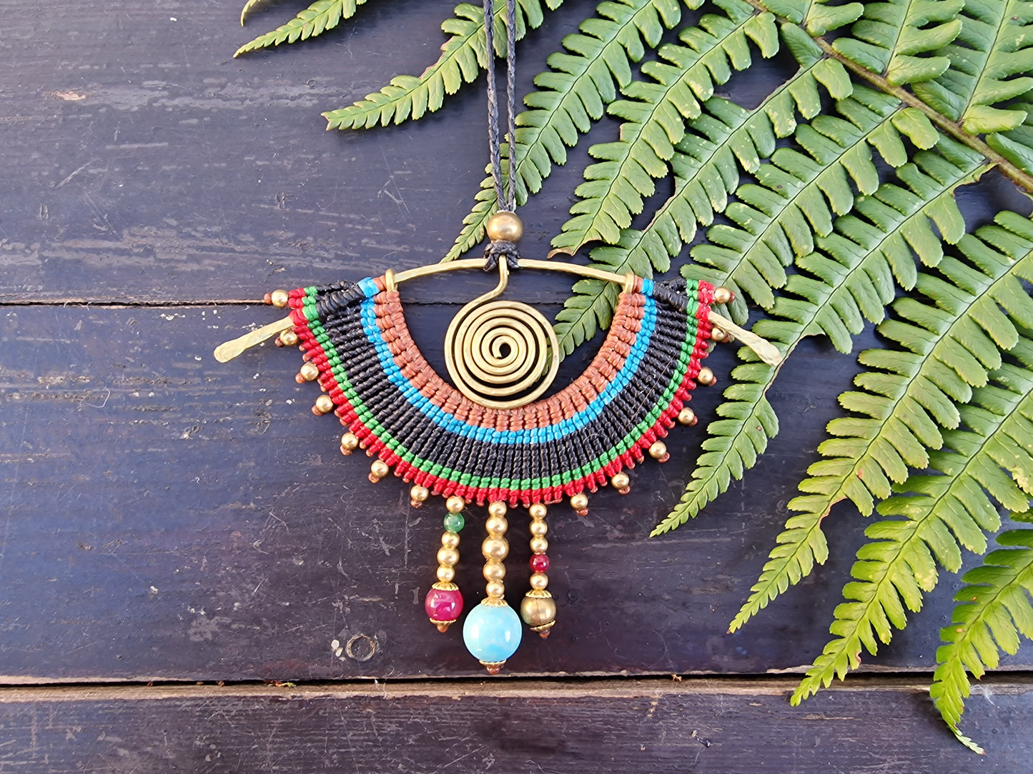 Evil eye Seeing eye pendant necklace, Thai ethnic egyptian macrame colorful rainbow boho hammered gold brass spiral turquoise rubellite jade