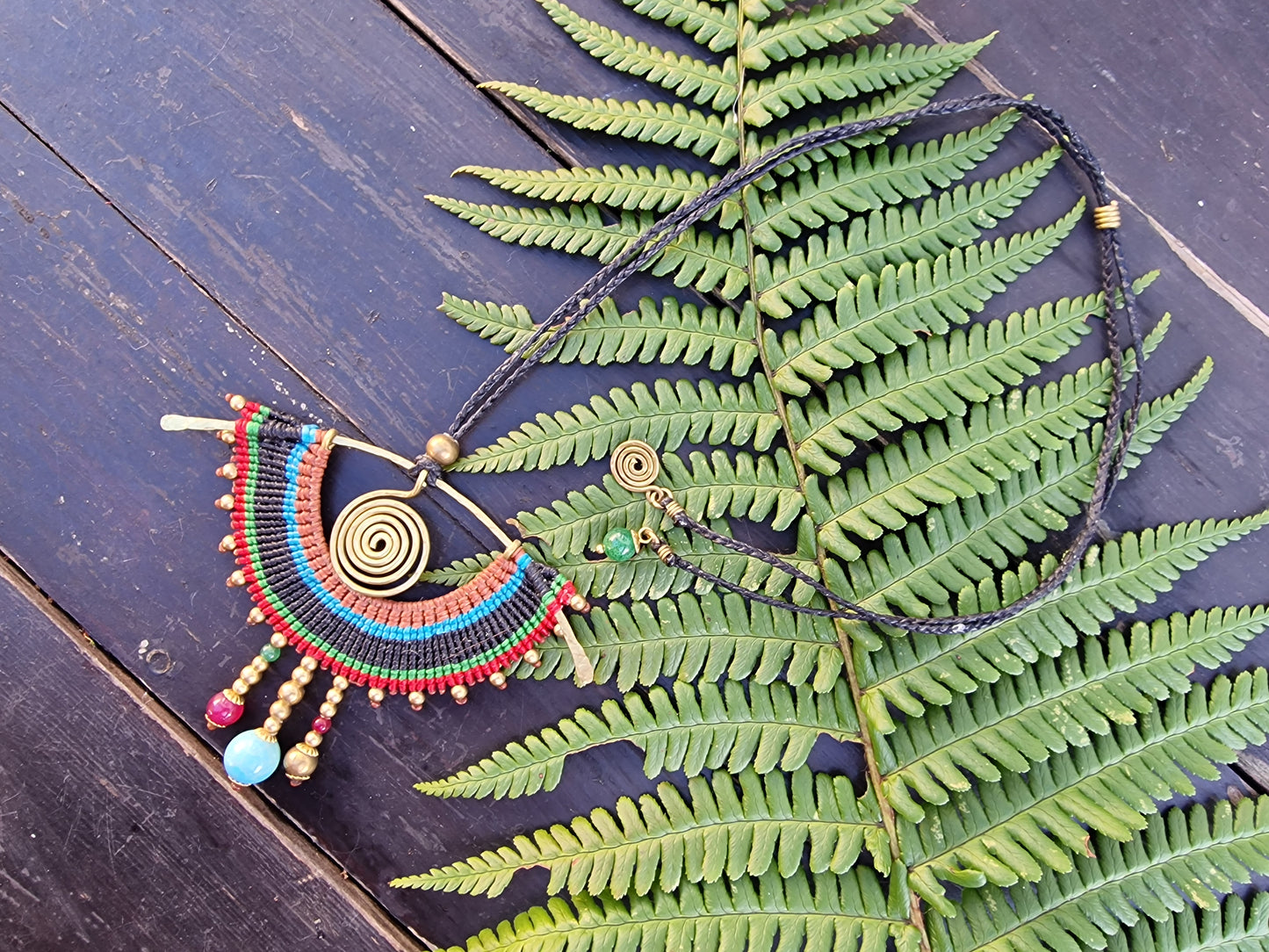 Evil eye Seeing eye pendant necklace, Thai ethnic egyptian macrame colorful rainbow boho hammered gold brass spiral turquoise rubellite jade