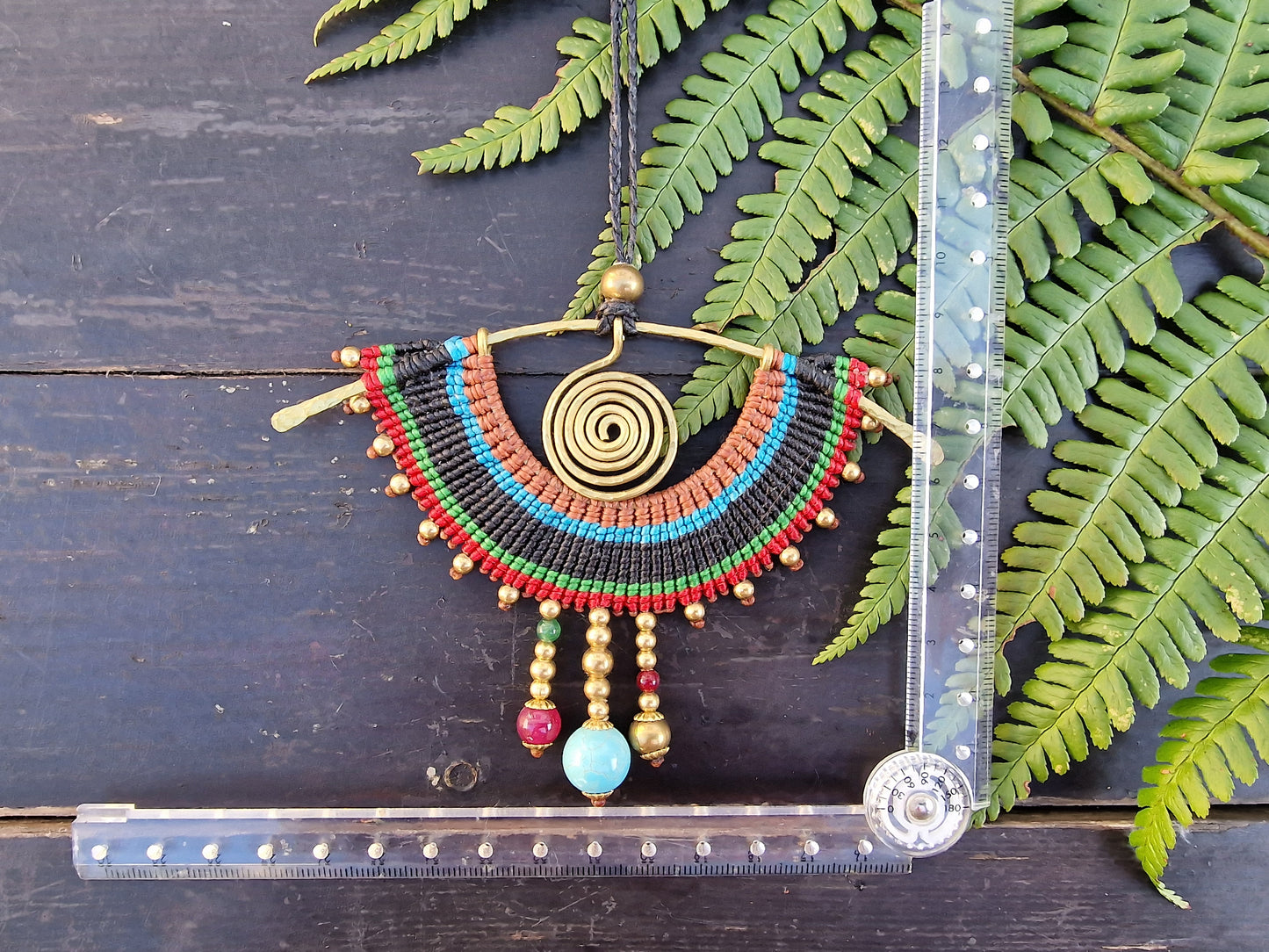 Evil eye Seeing eye pendant necklace, Thai ethnic egyptian macrame colorful rainbow boho hammered gold brass spiral turquoise rubellite jade