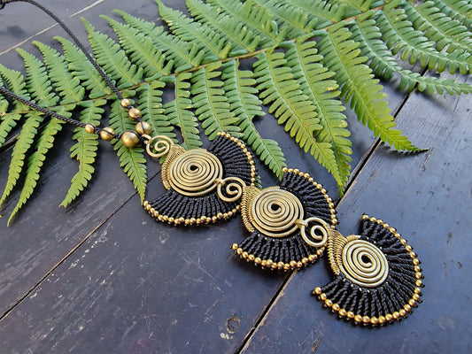 Pharoah necklace, triple spiral necklace, african jewellery, egyptian jewellery, art deco, macrame necklace, statement necklace, gold spiral