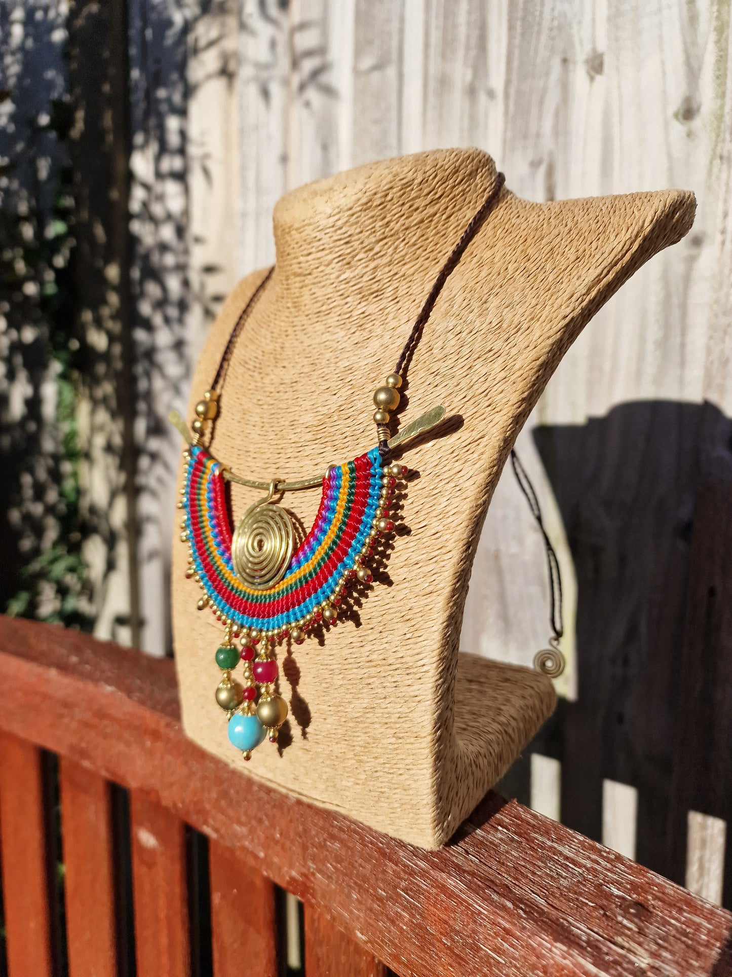 Magic spiral rainbow necklace, jade rubellite turquoise crystals, Thai macrame boho tribal colorful ethnic spiritual aztec necklace