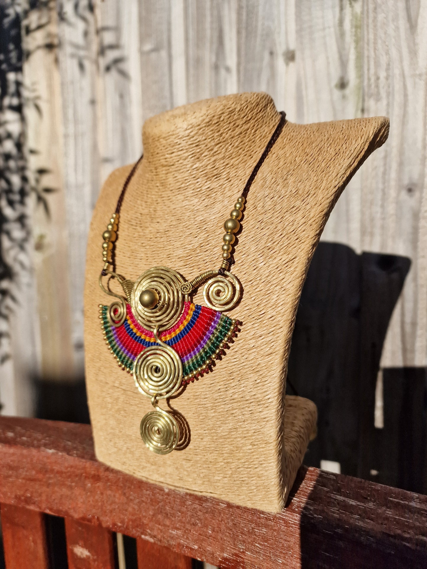 Sahara triple spiral necklace, maximalist jewellery, bright vibrant necklace, statement rainbow necklace, large macrame Thai necklace