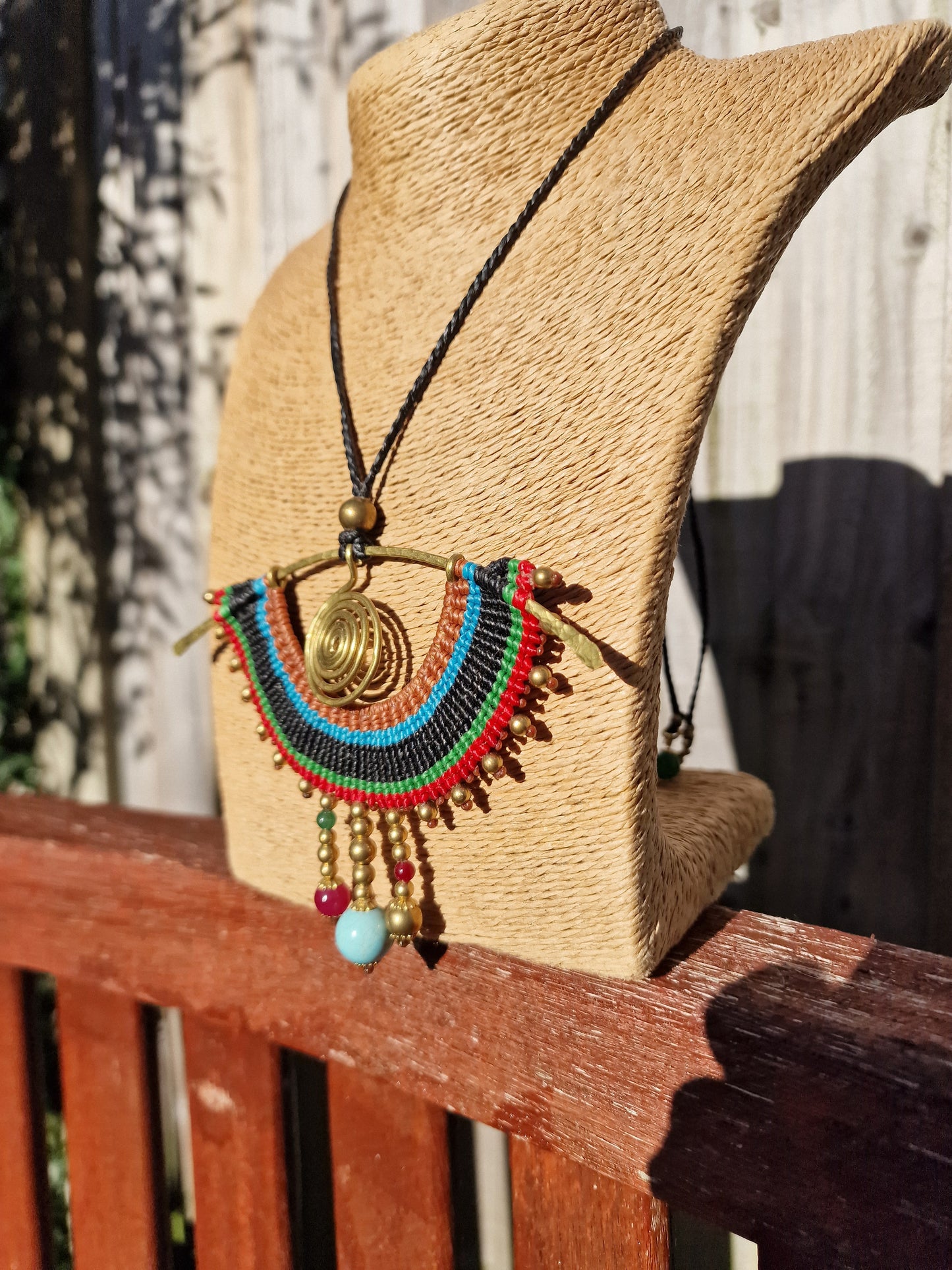 Evil eye Seeing eye pendant necklace, Thai ethnic egyptian macrame colorful rainbow boho hammered gold brass spiral turquoise rubellite jade