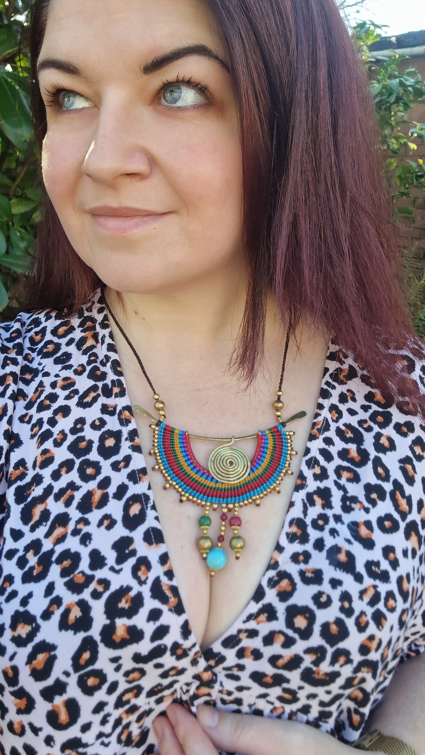 Magic spiral rainbow necklace, jade rubellite turquoise crystals, Thai macrame boho tribal colorful ethnic spiritual aztec necklace