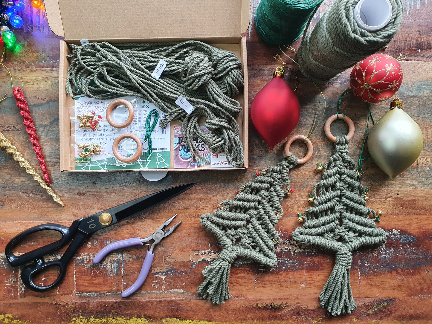 TWO macrame gemstone christmas trees kit, secret santa stocking filler stuffer woman her creative craft gift festive diy kit, make your own