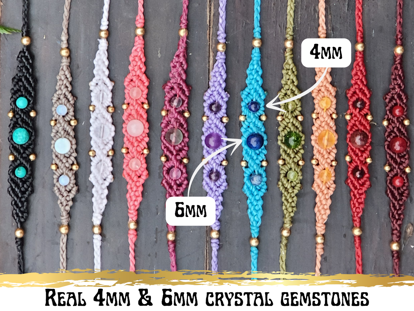 Custom ornate macrame crystal bracelet, birthday birthstone gift choose gemstone personalised colour chakra boho hippie tribal lace decorative design