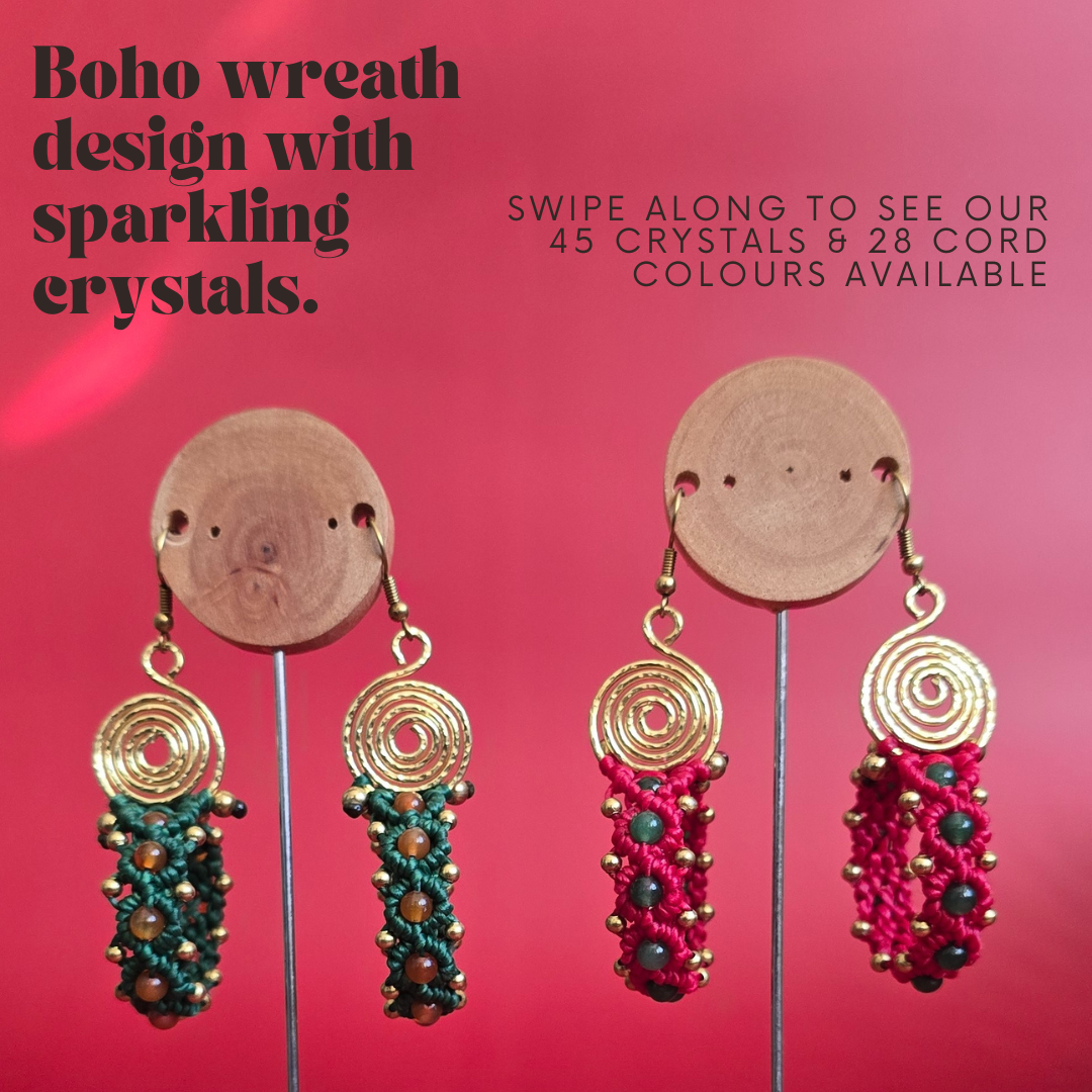 Macrame Christmas Wreath Earrings, Custom Crystal & Cord Colours, Brass Wire Spiral, Handmade Boho Holiday Jewellery, Festive Statement Gift
