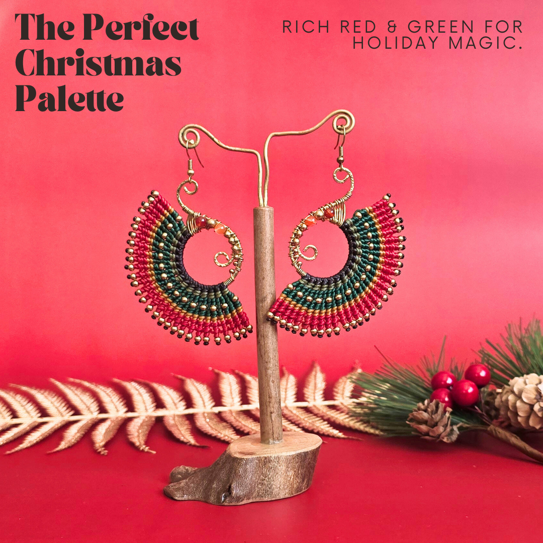 Festive Macrame Earrings in Red & Green, Orange Agate, Carnelian Crystals, Boho Christmas Statement Earrings, Spiral Holiday Jewellery