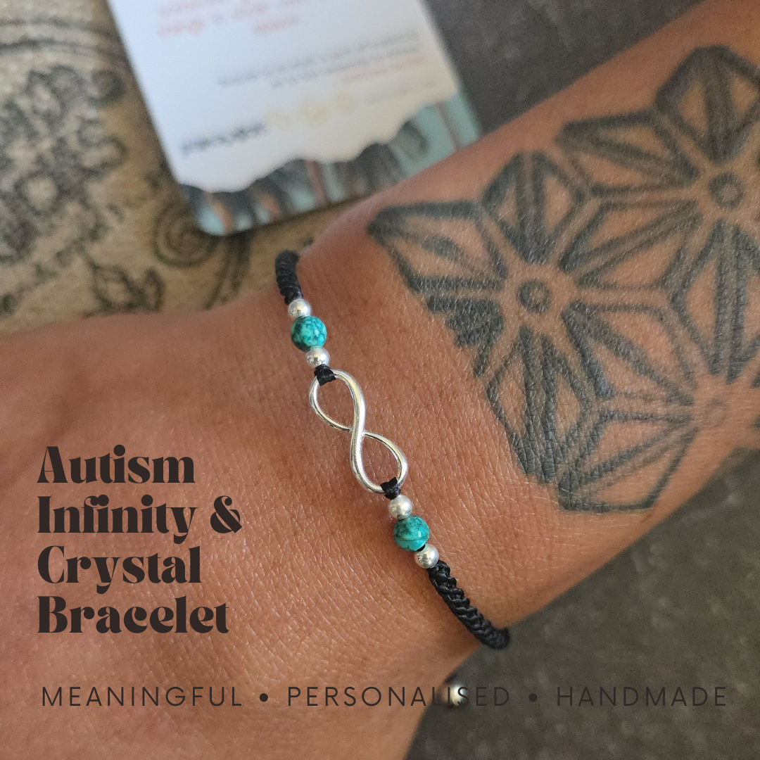 Autism Infinity Bracelet, Custom Cord & Crystal, Neurodiversity Gift, Autism Pride Jewellery, Brass or Sterling Silver, Personalised