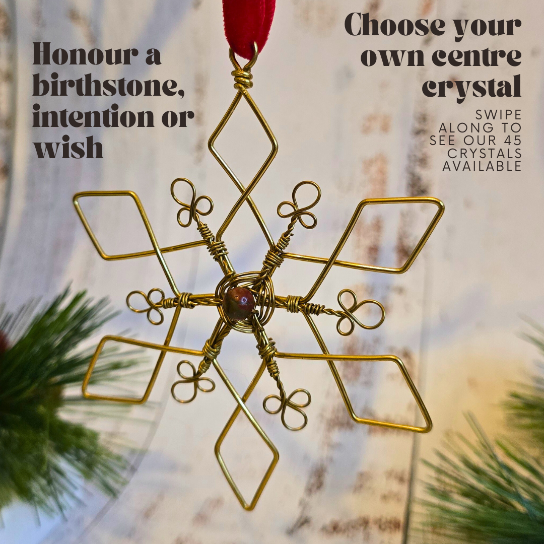 Custom Crystal Snowflake Bauble – Handmade Brass Wire Christmas Tree Decoration – Personalised Ornament with 45 Crystal Options