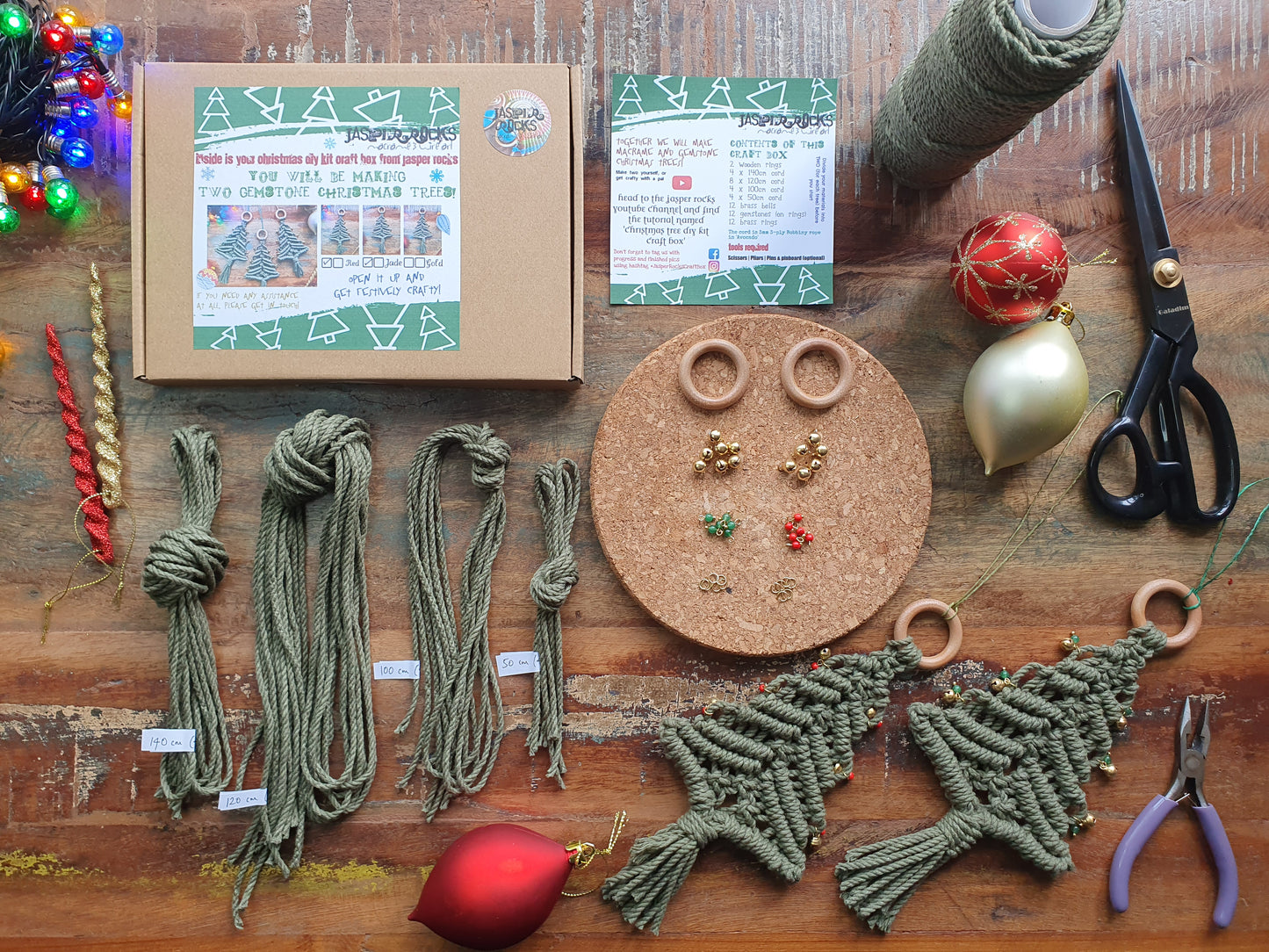 TWO macrame gemstone christmas trees kit, secret santa stocking filler stuffer woman her creative craft gift festive diy kit, make your own