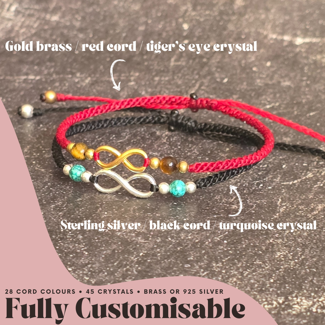 Autism Infinity Bracelet, Custom Cord & Crystal, Neurodiversity Gift, Autism Pride Jewellery, Brass or Sterling Silver, Personalised