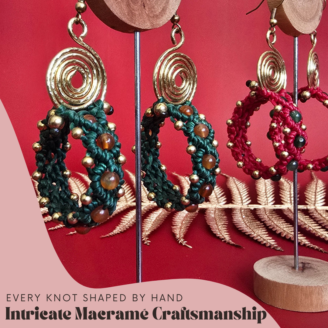 Macrame Christmas Wreath Earrings, Custom Crystal & Cord Colours, Brass Wire Spiral, Handmade Boho Holiday Jewellery, Festive Statement Gift