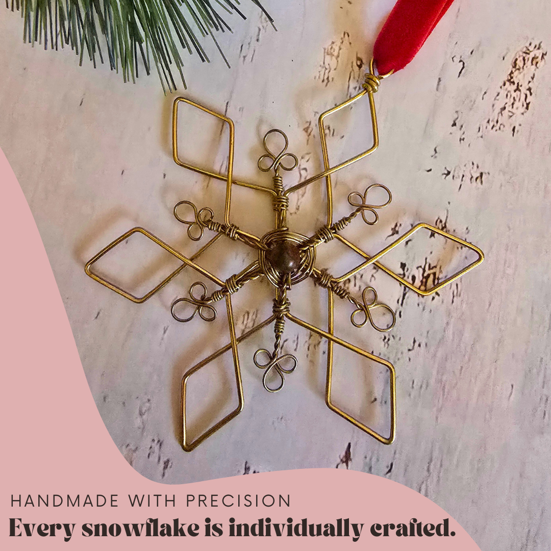 Custom Crystal Snowflake Bauble – Handmade Brass Wire Christmas Tree Decoration – Personalised Ornament with 45 Crystal Options