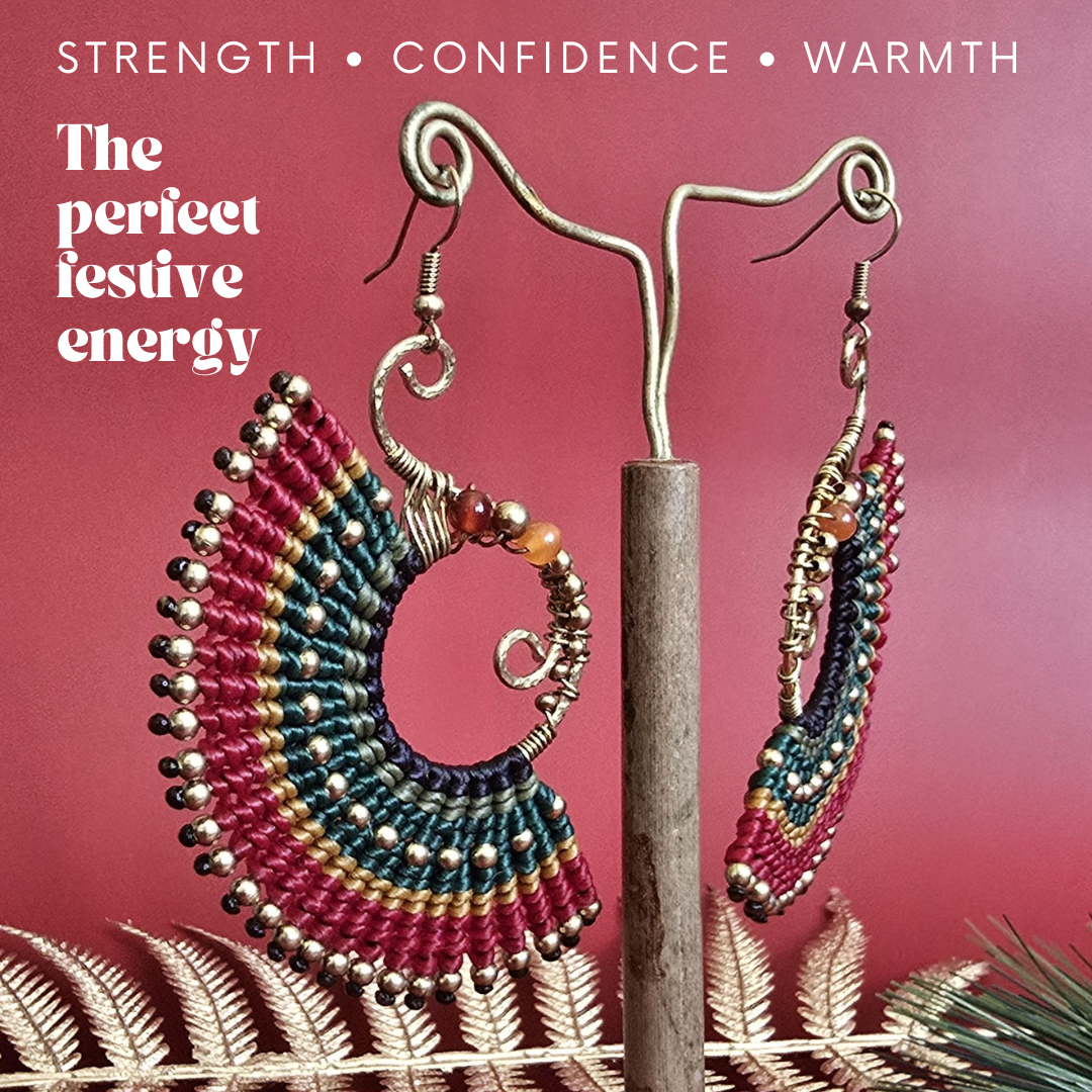 Festive Macrame Earrings in Red & Green, Orange Agate, Carnelian Crystals, Boho Christmas Statement Earrings, Spiral Holiday Jewellery