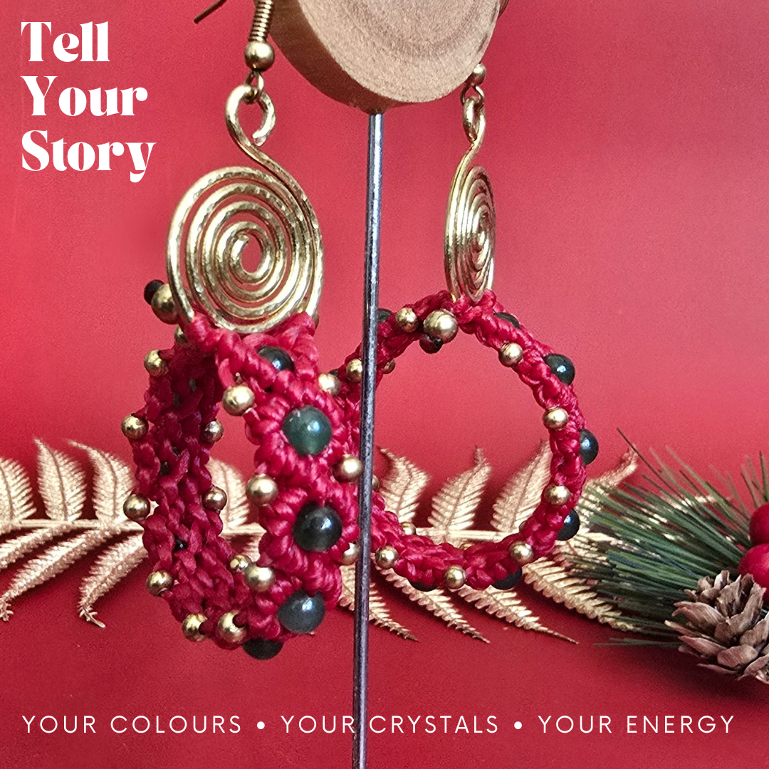 Macrame Christmas Wreath Earrings, Custom Crystal & Cord Colours, Brass Wire Spiral, Handmade Boho Holiday Jewellery, Festive Statement Gift