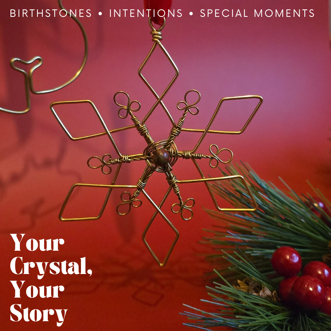 Custom Crystal Snowflake Bauble – Handmade Brass Wire Christmas Tree Decoration – Personalised Ornament with 45 Crystal Options