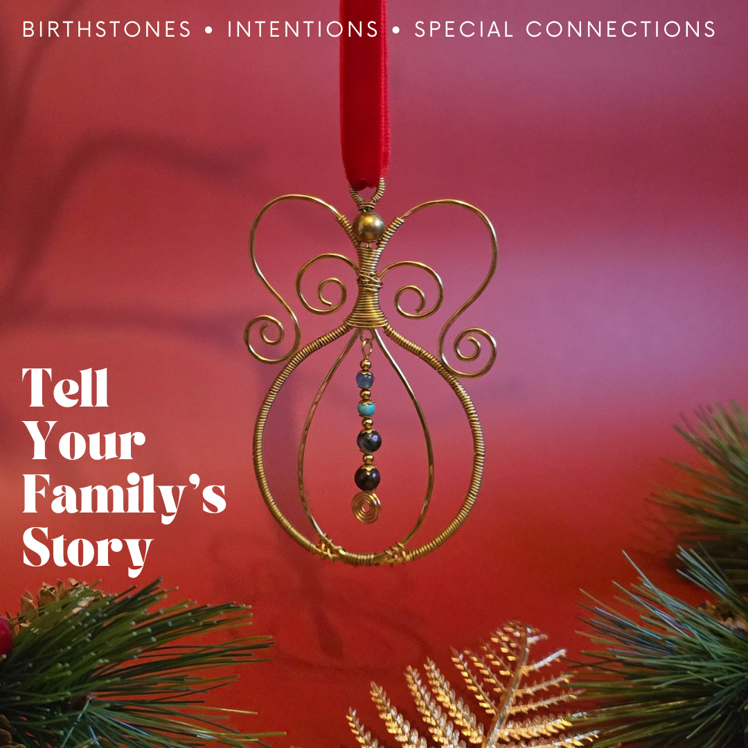 Handmade Brass Angel Bauble with Custom Crystals – Family Birthstone Ornament – Personalised Christmas Tree Hanging – Gold Wire Angel