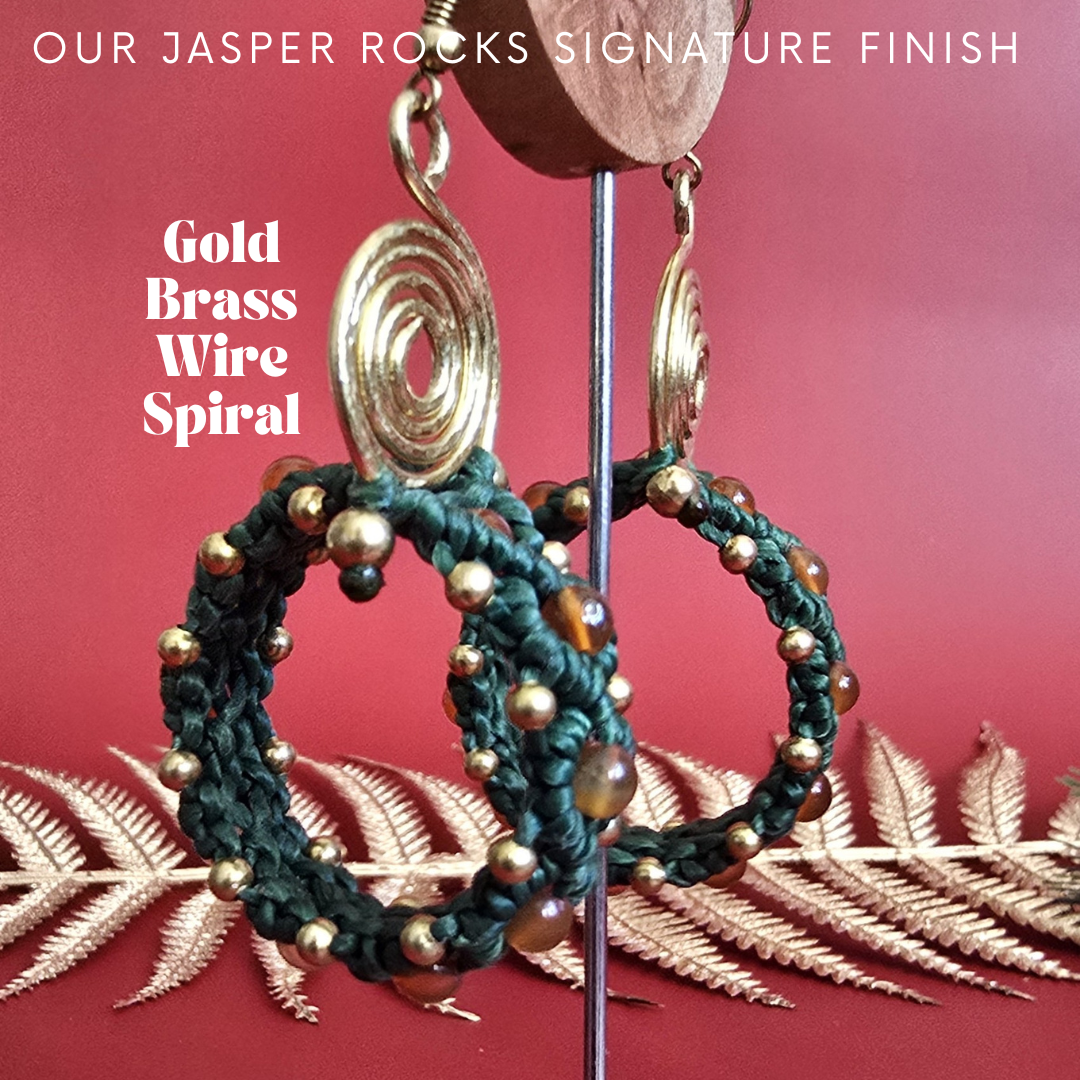 Macrame Christmas Wreath Earrings, Custom Crystal & Cord Colours, Brass Wire Spiral, Handmade Boho Holiday Jewellery, Festive Statement Gift