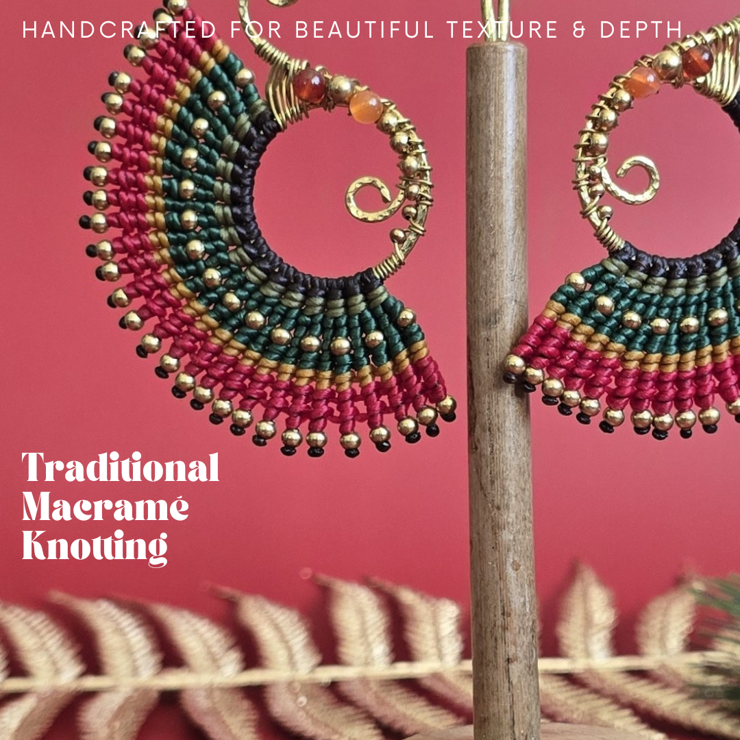 Festive Macrame Earrings in Red & Green, Orange Agate, Carnelian Crystals, Boho Christmas Statement Earrings, Spiral Holiday Jewellery