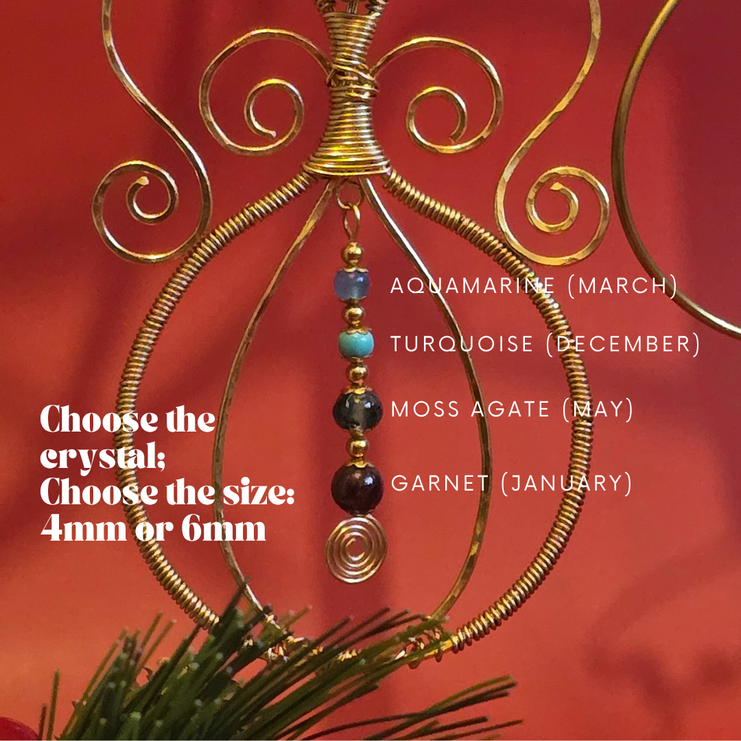 Handmade Brass Angel Bauble with Custom Crystals – Family Birthstone Ornament – Personalised Christmas Tree Hanging – Gold Wire Angel