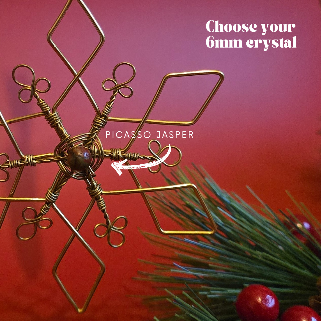 Custom Crystal Snowflake Bauble – Handmade Brass Wire Christmas Tree Decoration – Personalised Ornament with 45 Crystal Options