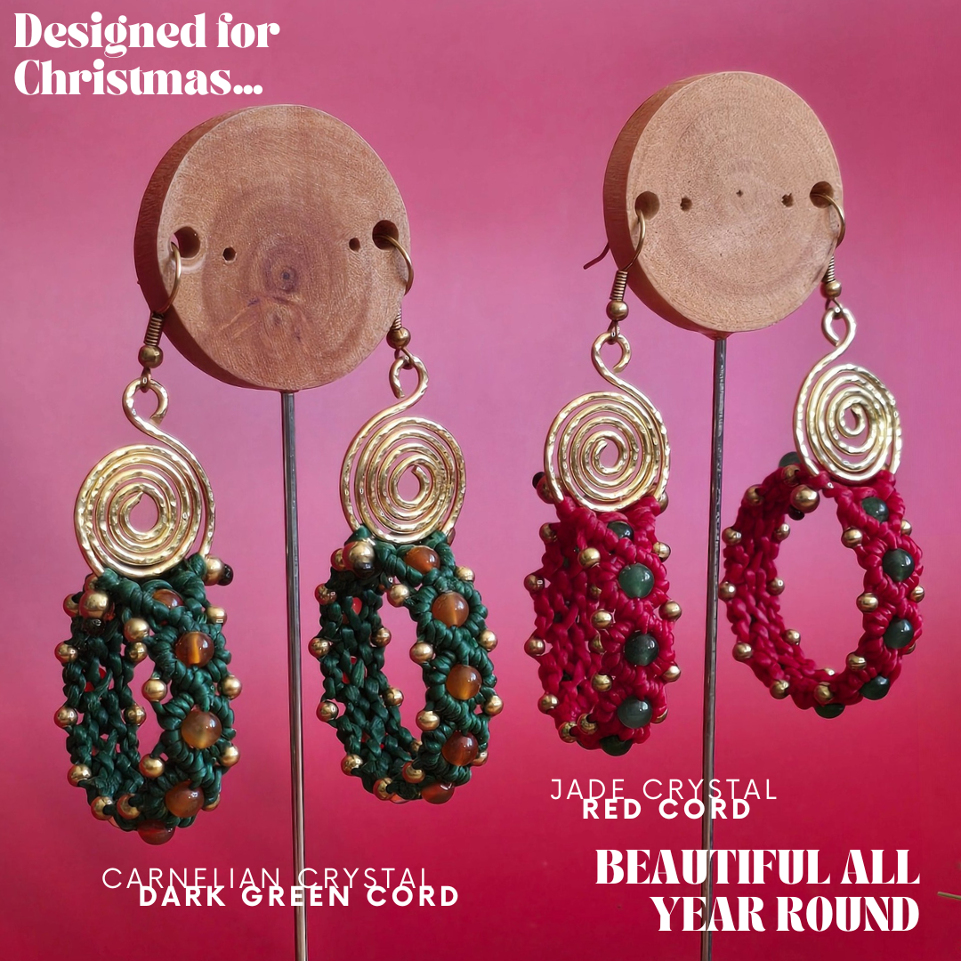 Macrame Christmas Wreath Earrings, Custom Crystal & Cord Colours, Brass Wire Spiral, Handmade Boho Holiday Jewellery, Festive Statement Gift