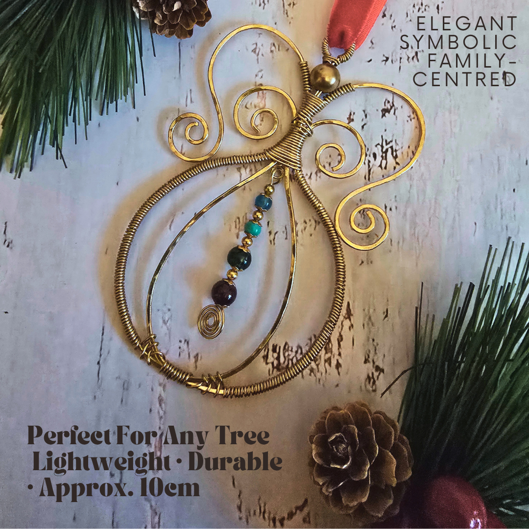Handmade Brass Angel Bauble with Custom Crystals – Family Birthstone Ornament – Personalised Christmas Tree Hanging – Gold Wire Angel