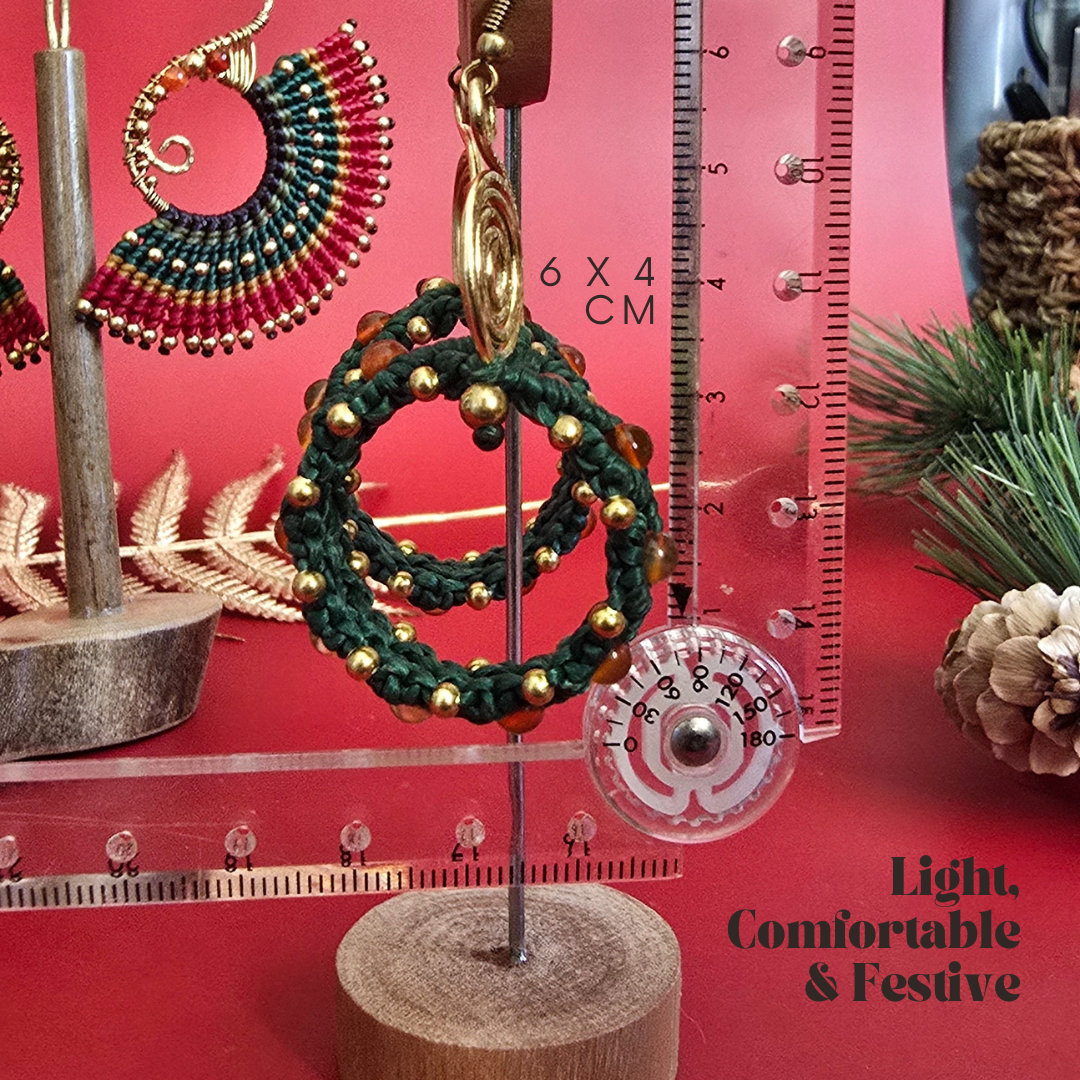 Macrame Christmas Wreath Earrings, Custom Crystal & Cord Colours, Brass Wire Spiral, Handmade Boho Holiday Jewellery, Festive Statement Gift