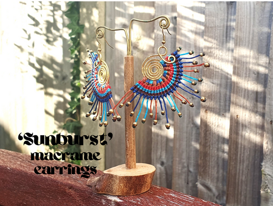 Macramé earrings, thai earrings,fan earrings,amazing gift,blue earrings,boho earrings,sunburst earrings,gold bead earrings,wire wrapped joy