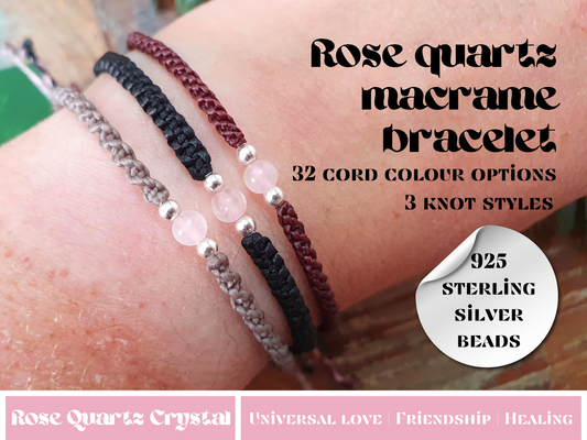 Rose quartz & 925 silver beaded macrame bracelet, crystals for love, choose colour crystal love happiness, bracelet for men women girl frien