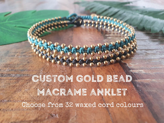 Custom Thai macrame anklet, gold bead personalised choose colour choice braided, cord anniversary gift her beach boho hippie shamballa