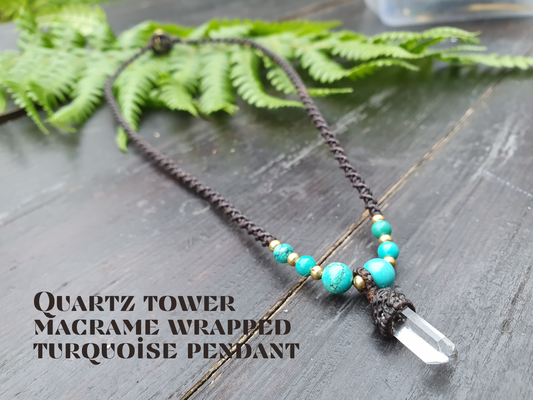 Clear quartz tower turquoise necklace, macrame crystal necklace, boho tribal buddhist amulet, necklace for men, amplification necklace