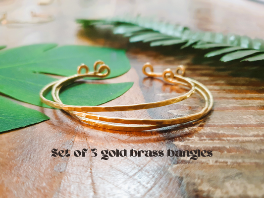 SET OF 3 gold brass bangles, boho tribal ethnic African Thai bangles, stacking statement bracelet cuff, metallic queen jewellery