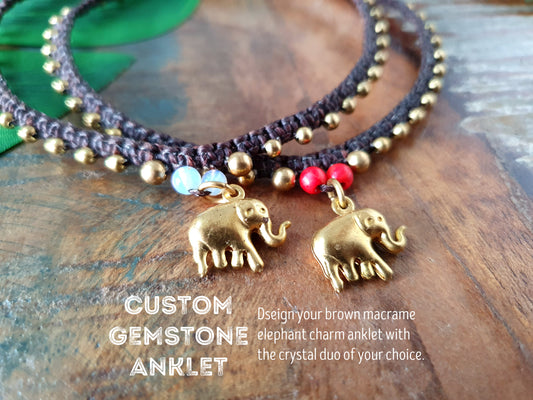 Custom crystal gemstone anklet, beaded elephant charm June birthstone gift macrame boho beach elephant wanderlust gift woman her sister