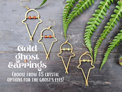 Gold GHOST crystal earrings, HALLOWEEN scary wire wrap gemstone celestial witchy boho mystical magic spiritual gift women sister wife