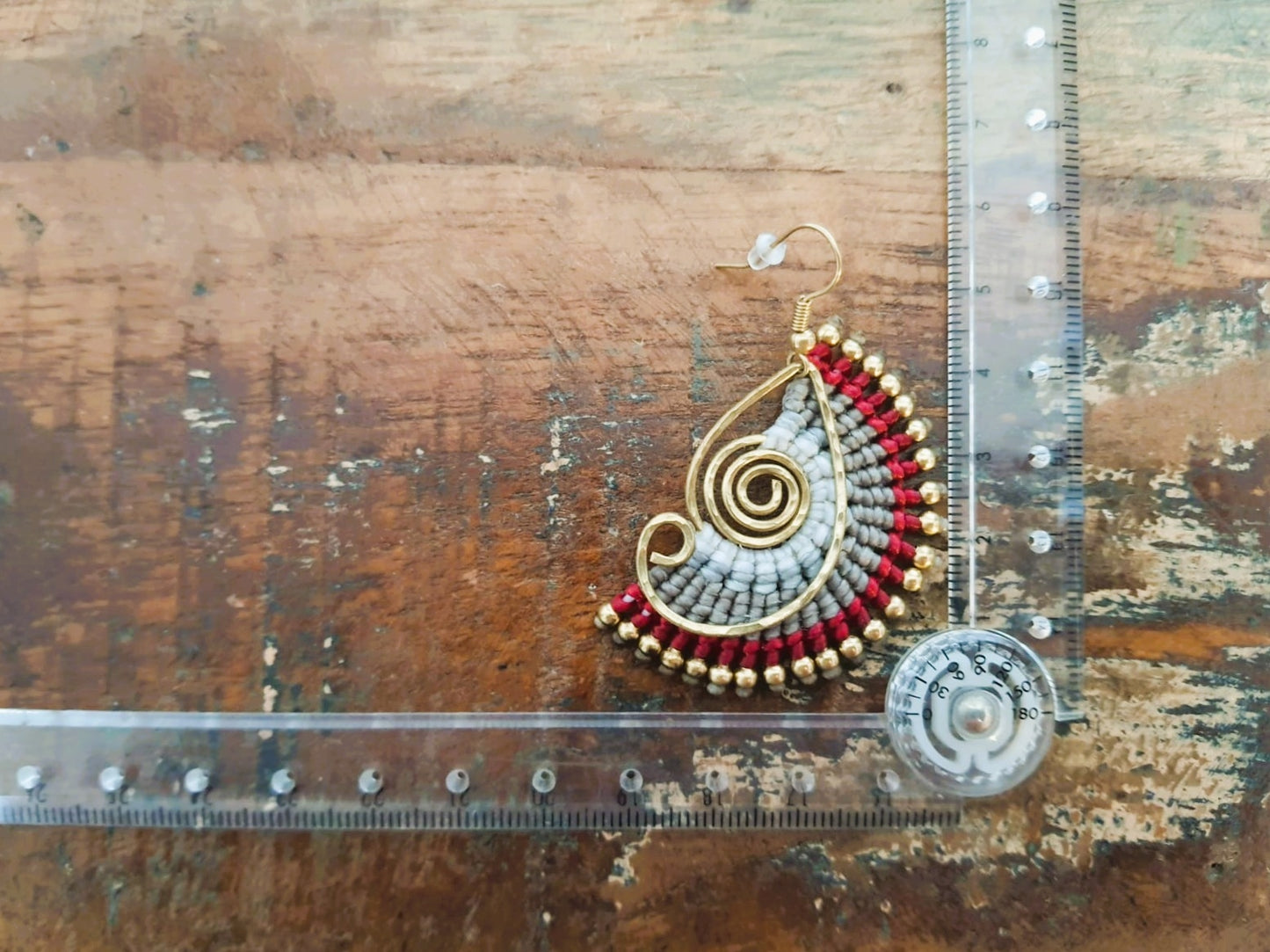 Red grey white macrame earrings,boho tribal Thai earrings,wire art spiral gold earrings,funky statement hippie earrings for her wife mother