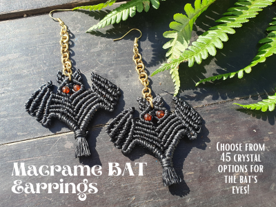 Macrame BAT crystal earrings, HALLOWEEN scary spooky gemstone celestial witchy boho mystical magic spiritual Autumn Fall costume gift