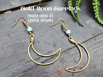 Gold MOON crystal earrings, HALLOWEEN lunar scary SPOOKY gemstone celestial witchy boho mystical magic spiritual gift women sister wife