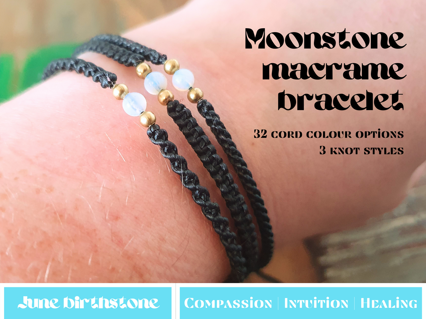 Men's bracelet, moonstone bracelet for men women, macrame boho cord anniversary gift choose colour lunar celestial shamballa fathers day